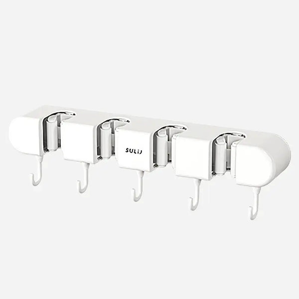 Heavy-Duty Adhesive Mop & Broom Holder – 5-Slot Wall Mount, No Drilling Needed