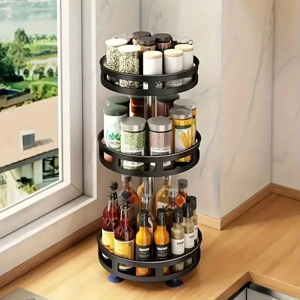 3-Tier Rotating Spice Rack – Space-Saving Metal Organizer for Kitchen Essentials