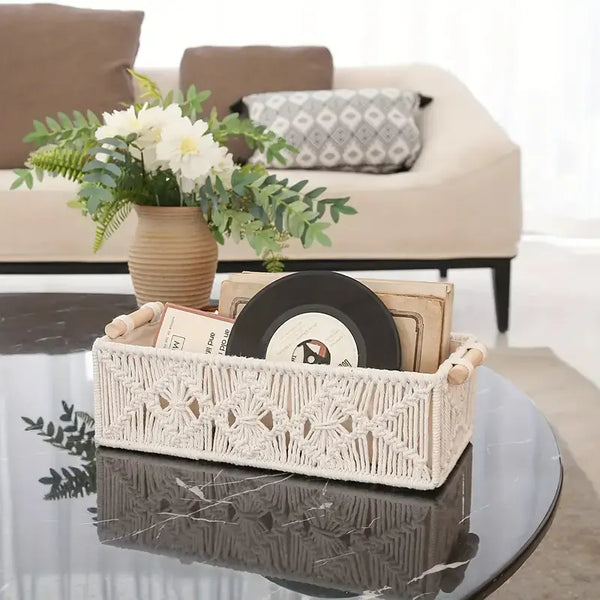 Nordic Handwoven Rope Storage Basket – Stylish Organizer with Wooden Lid