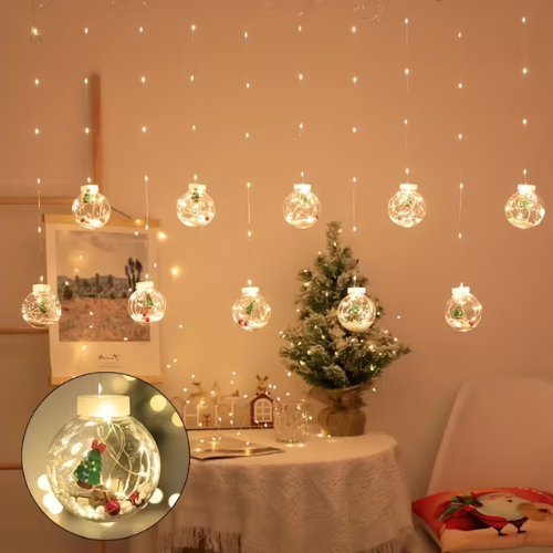 ❄️✨ LED Christmas Curtain Lights with Wishing Ball & Snowman