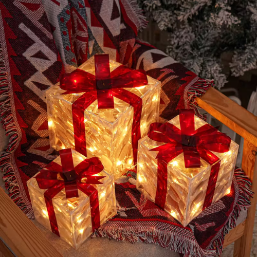 Set of 3 Lighted Christmas Gift Boxes – Transparent LED Present Boxes with Red Bows