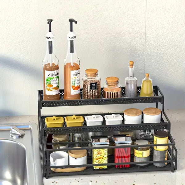 3-Tier Pull-Out Spice Rack – Metal Storage Shelf for an Organized Kitchen