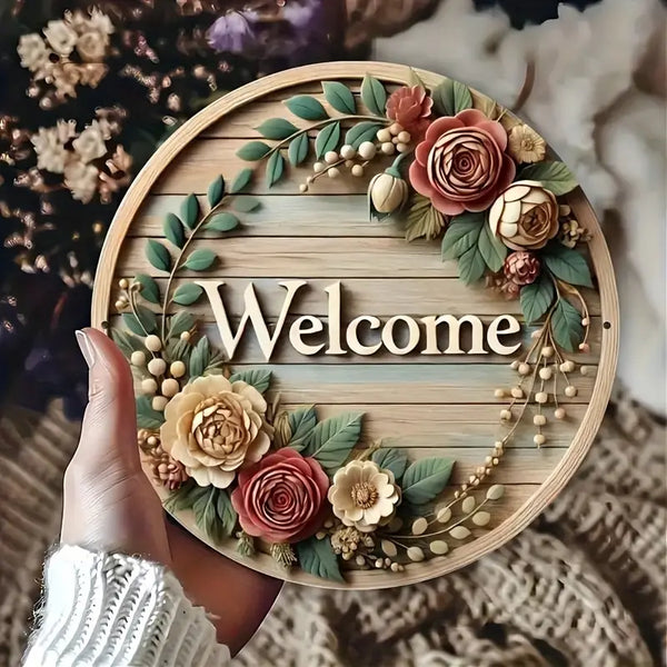 Rustic Wooden Welcome Sign – Round Floral Wreath Decor