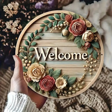 Rustic Wooden Welcome Sign – Round Floral Wreath Decor