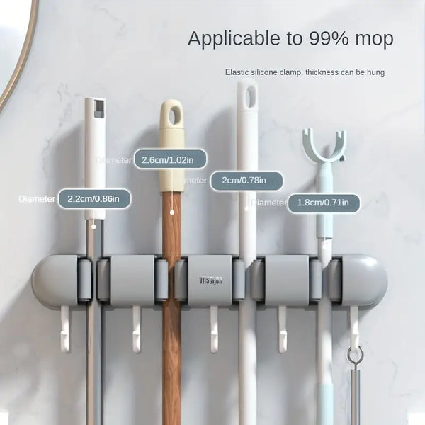 Heavy-Duty Adhesive Mop & Broom Holder – 5-Slot Wall Mount, No Drilling Needed