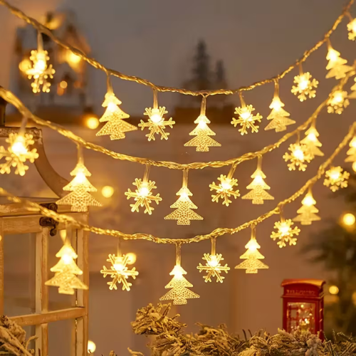 Snowflake & Christmas Tree LED String Lights – Battery Powered Holiday Fairy Lights