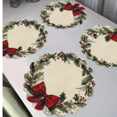 🎄✨ Vintage Wreath Christmas Placemats – 4 PCS Round Non-Slip Table Mats