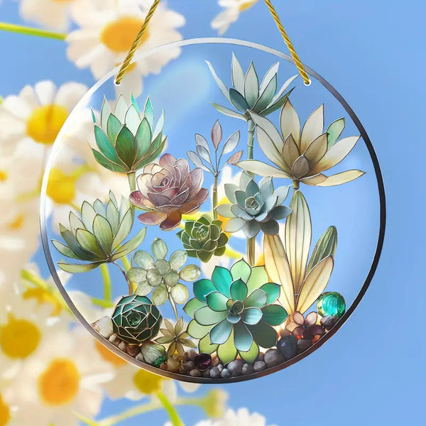 Succulent Plant Sun Catcher – Stained Glass Effect Wall Art