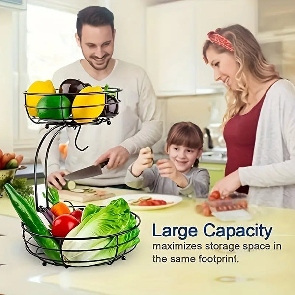 2-Tier Carbon Steel Fruit Basket with Banana Hanger