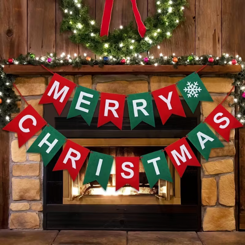 Red Felt “Merry Christmas” Banner with Snowflakes – Holiday Room & Party Decoration
