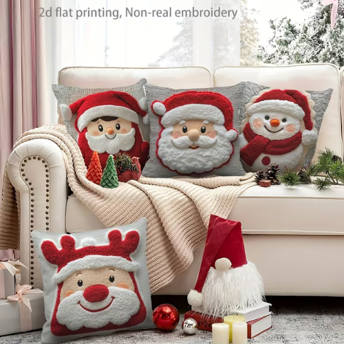 🎄✨ 4-Pack Christmas Throw Pillow Covers – Santa, Snowman & Elk Print