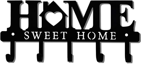 Home Sweet Home” Wall Mounted Key Holder Organizer – 5 Hooks | Black Metal