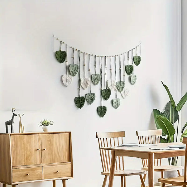 Bohemian Macrame Leaf Wall Art – Green Polyester Feather Tapestry