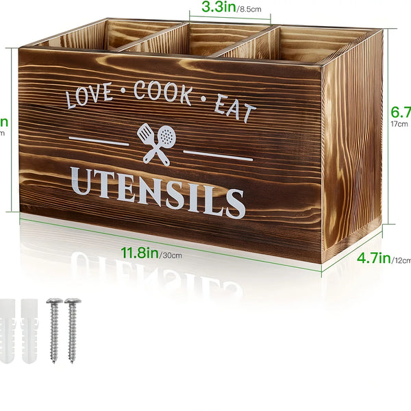 3-Compartment Wooden Utensil Holder
