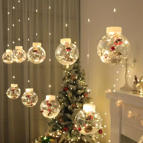 ❄️✨ LED Christmas Curtain Lights with Wishing Ball & Snowman