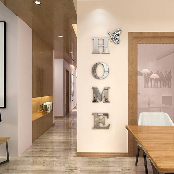 Acrylic Mirror Wall Stickers – Silver 3D Letter Signs & Butterfly Design
