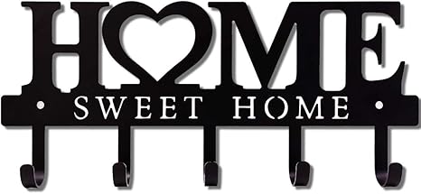 Home Sweet Home” Wall Mounted Key Holder Organizer – 5 Hooks | Black Metal
