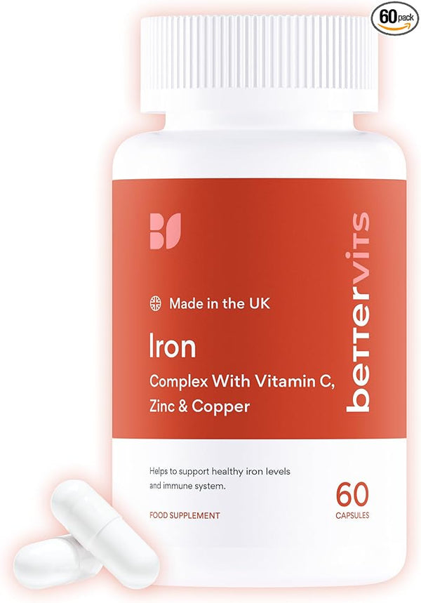 Bettervits Iron Supplement 17.5mg – Ferrous Bisglycinate with Vitamin C, B6, B9, B12, Zinc &amp; Copper – 60 Capsules