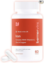 Bettervits Iron Supplement 17.5mg – Ferrous Bisglycinate with Vitamin C, B6, B9, B12, Zinc & Copper – 60 Capsules