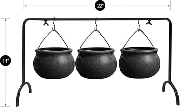 Halloween Witches Cauldron Serving Set – 3 Black Plastic Cauldron Bowls with Rack