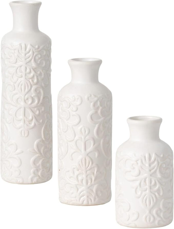 🌿 Sullivans Small White Embossed Ceramic Vase Set of 3