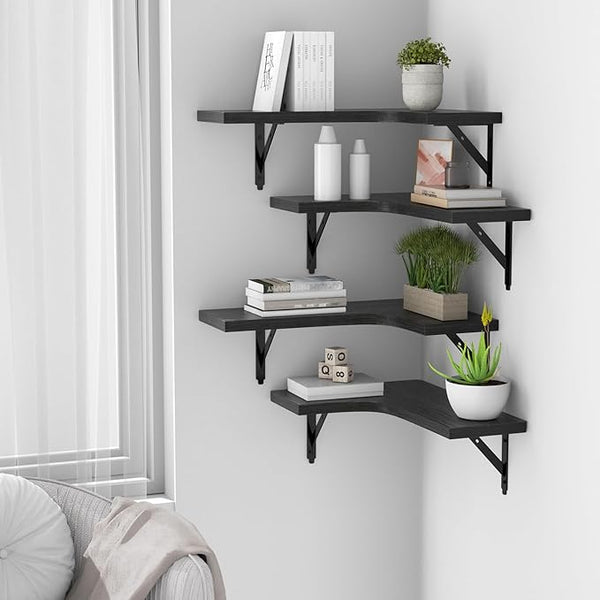Corner Floating Shelves – Set of 4 Rustic Wood Wall Mounted Storage