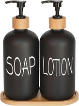 Matte Black Glass Soap Dispenser Set – 2 Refillable Bottles with Bamboo Pumps & Tray