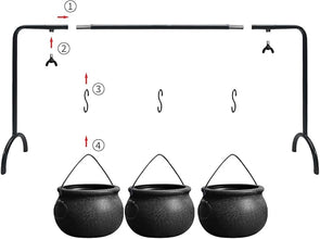 Halloween Witches Cauldron Serving Set – 3 Black Plastic Cauldron Bowls with Rack