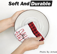 Set of 4 Christmas Kitchen Towels – Red & Black Buffalo Plaid Snowman Design (18x26