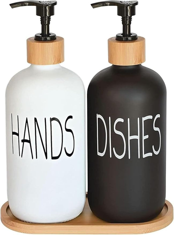 Matte Black Glass Soap Dispenser Set – 2 Refillable Bottles with Bamboo Pumps & Tray