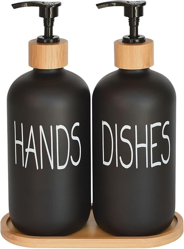 Matte Black Glass Soap Dispenser Set – 2 Refillable Bottles with Bamboo Pumps & Tray