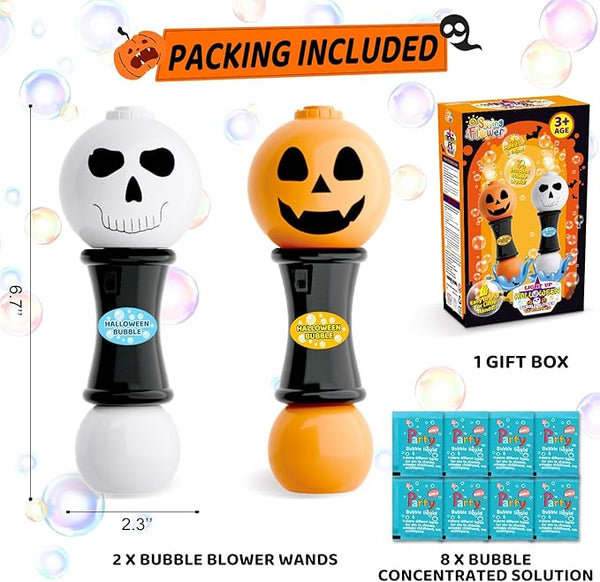 SpringFlower Halloween Bubble Blower Wand 2 Pack – Light-Up LED Pumpkin & Skull Bubble Maker Toys