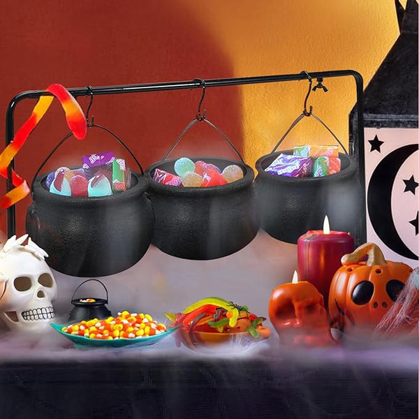 Halloween Witches Cauldron Serving Set – 3 Black Plastic Cauldron Bowls with Rack