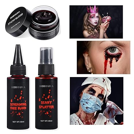 3PCS Halloween Fake Blood Makeup Kit – Coagulated, Spray & Dripping Realistic Blood