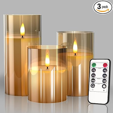 Gold Glass Flameless LED Candles Set of 3 with Remote & Timer – Battery Operated Real Wax Candles