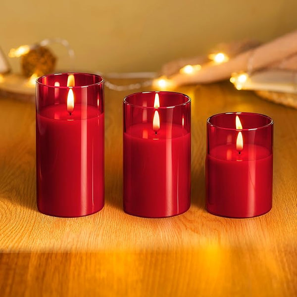 Gold Glass Flameless LED Candles Set of 3 with Remote & Timer – Battery Operated Real Wax Candles
