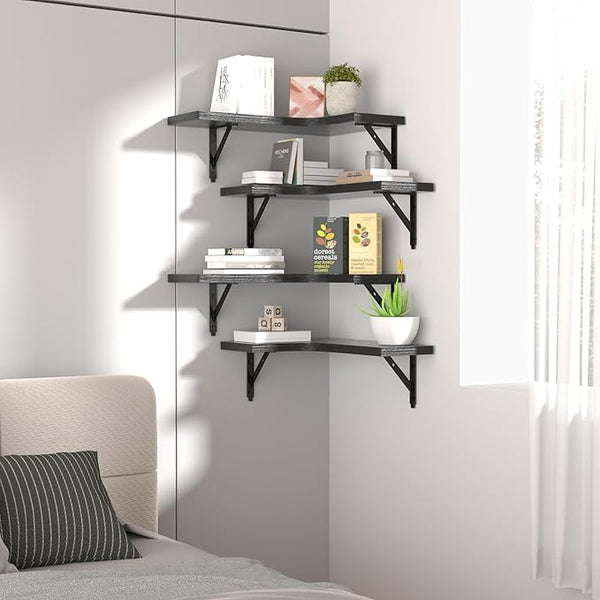 Corner Floating Shelves – Set of 4 Rustic Wood Wall Mounted Storage