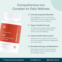 Bettervits Iron Supplement 17.5mg – Ferrous Bisglycinate with Vitamin C, B6, B9, B12, Zinc & Copper – 60 Capsules