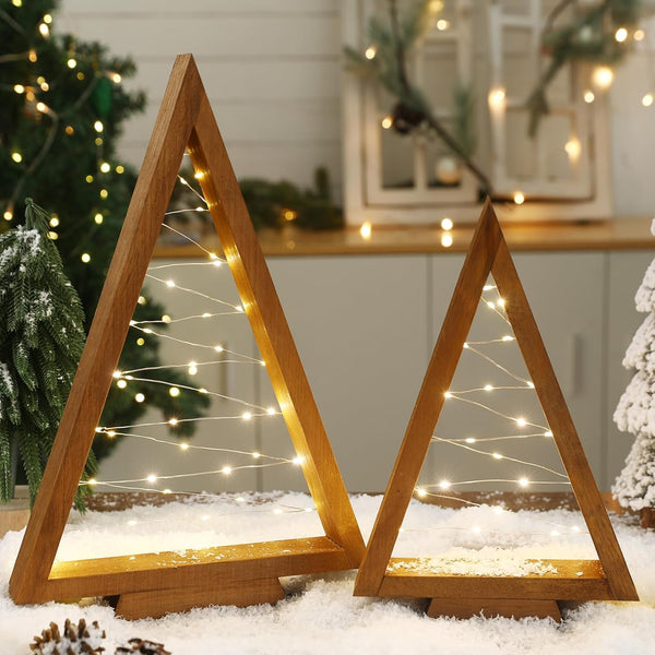 Light Up Wooden Christmas Trees – 2 PCS Handmade Tabletop Décor