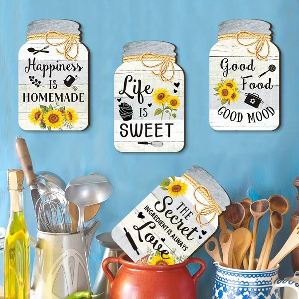 4-Piece Sunflower Wooden Signs – Rustic Kitchen & Wall Decor