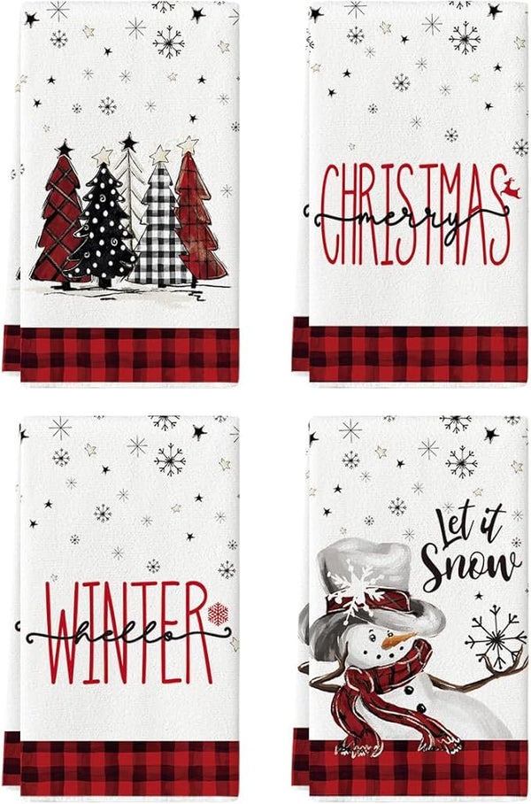 Set of 4 Christmas Kitchen Towels – Red & Black Buffalo Plaid Snowman Design (18x26")