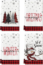 Set of 4 Christmas Kitchen Towels – Red & Black Buffalo Plaid Snowman Design (18x26