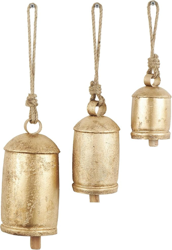 Set of 3 Gold Metal Cow Bells – Tibetan-Inspired Decorative XL Bells (10", 8", 6")
