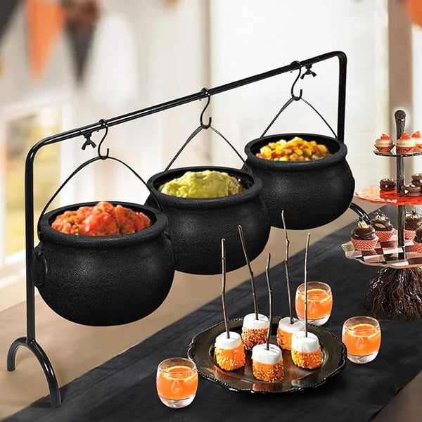 Halloween Witches Cauldron Serving Set – 3 Black Plastic Cauldron Bowls with Rack