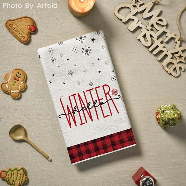 Set of 4 Christmas Kitchen Towels – Red & Black Buffalo Plaid Snowman Design (18x26")