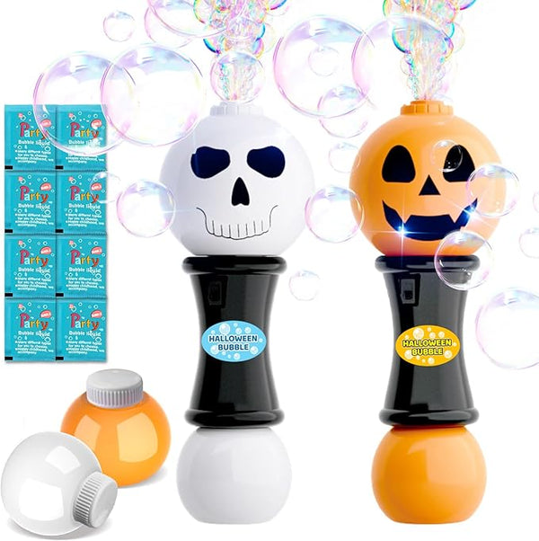SpringFlower Halloween Bubble Blower Wand 2 Pack – Light-Up LED Pumpkin & Skull Bubble Maker Toys