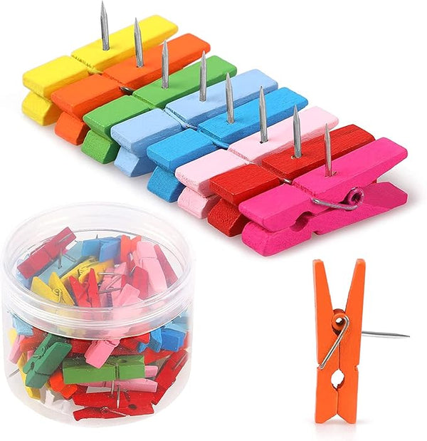 📌 50 PCS Colorful Push Pins with Wooden Clips – Joyberg