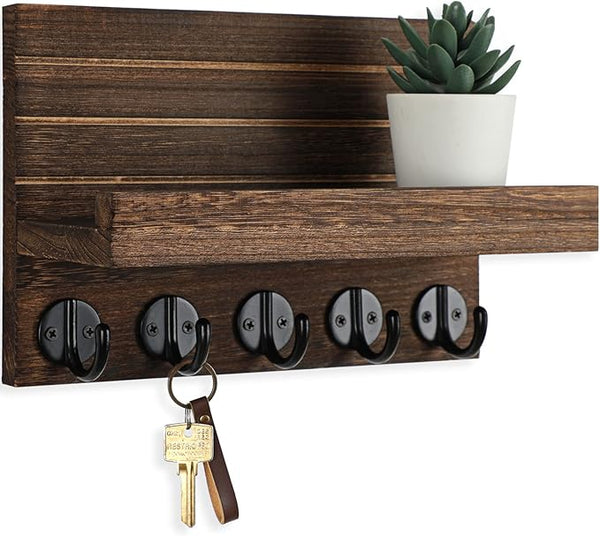 Key Holder for Wall with Shelf – Decorative Paulownia Wood Key