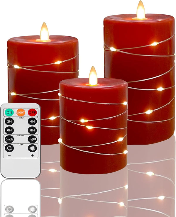 Red Flameless LED Candles – Set of 3 with Remote & Timer (4", 5", 6")