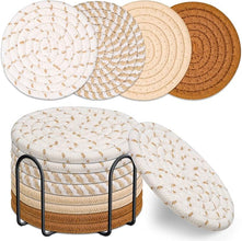🧵 Mckanti Drink Coasters Set of 8 (4 Colors) – Absorbent Cotton Woven Coasters with Metal Holder